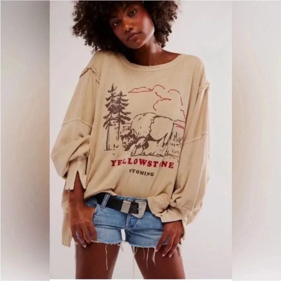 NWOT Free People We The Free Graphic Camden Pullover in Yellowstone Bison - Picture 2 of 7